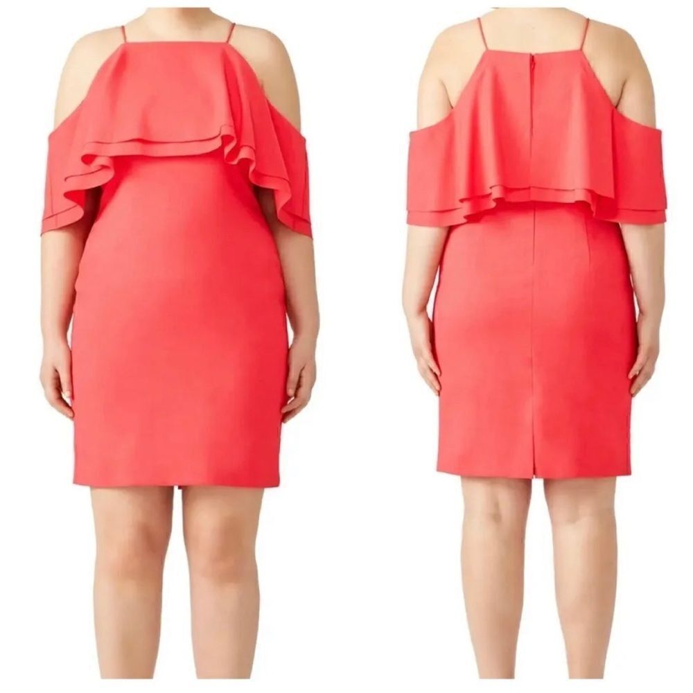 Badgley Mischka Coral Ruffle Cold Shoulder Dress